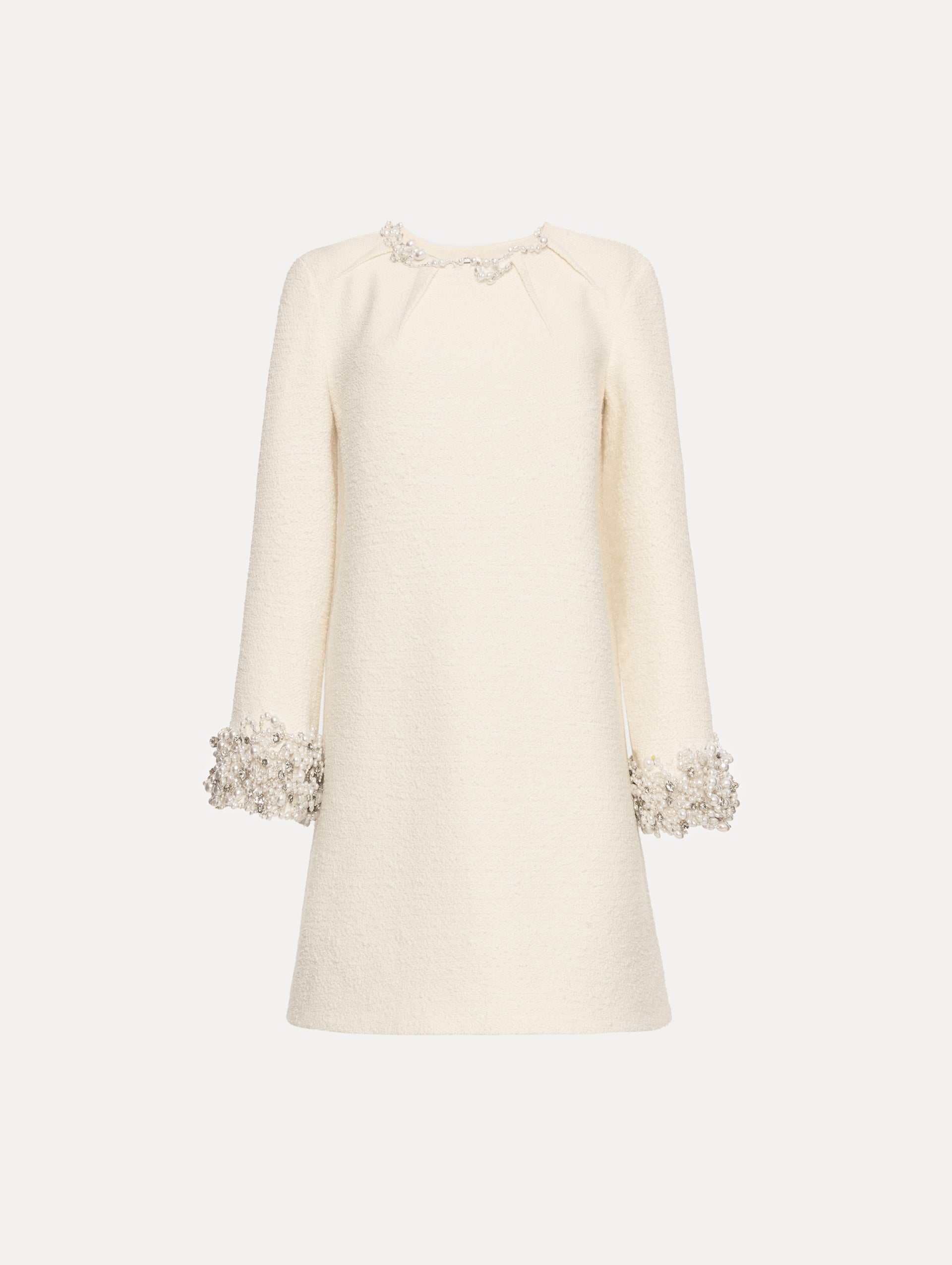 White Pearl Embroidered Tweed Shift Dress featuring embellished sleeves and pleated neckline. 