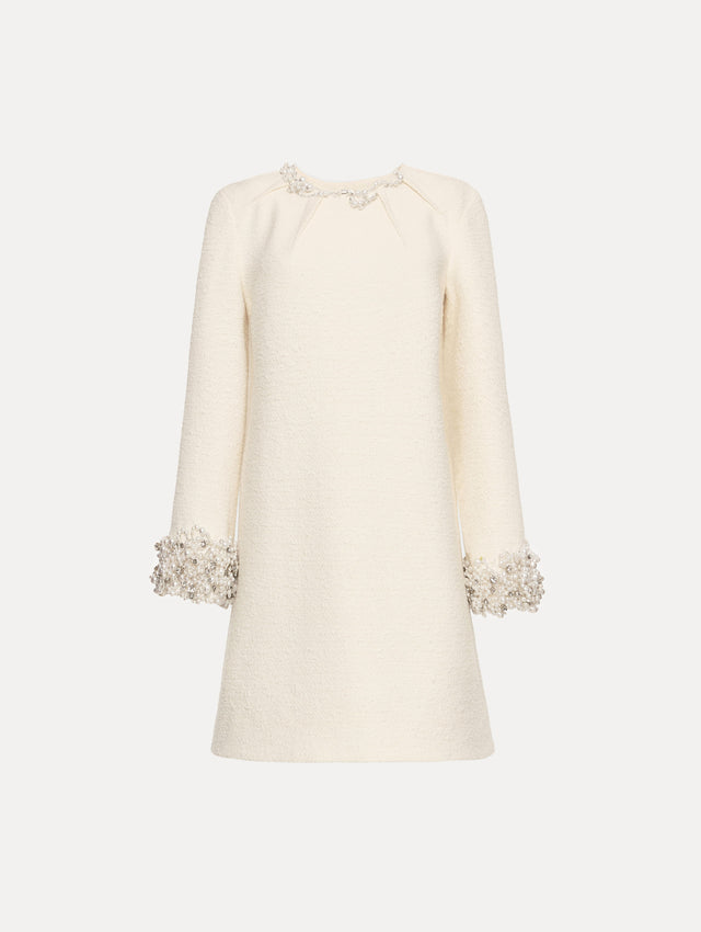 White Pearl Embroidered Tweed Shift Dress featuring embellished sleeves and pleated neckline. 