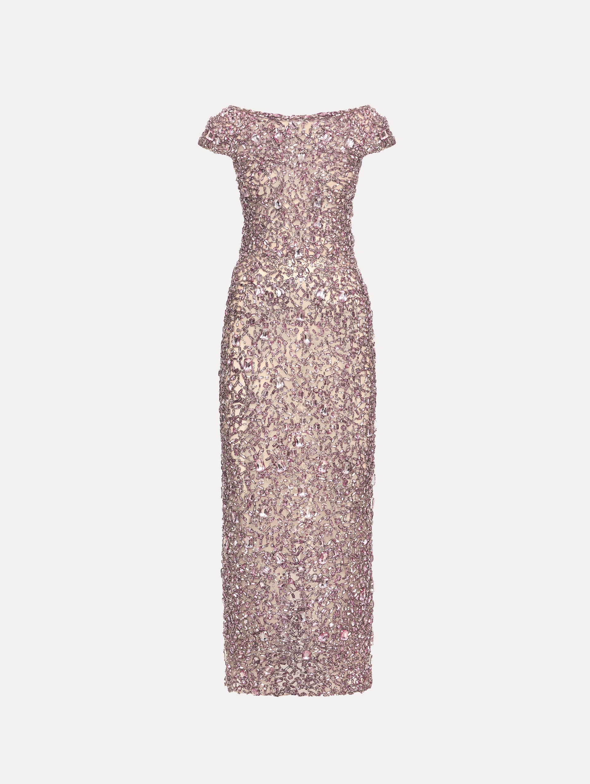 Beige Mosaic Crystal Embroidered Gown with a fitted silhouette and cap sleeves. Front View.  