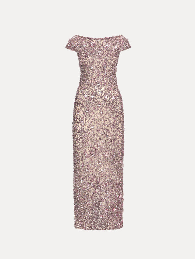 Beige Mosaic Crystal Embroidered Gown with a fitted silhouette and cap sleeves. Front View.  