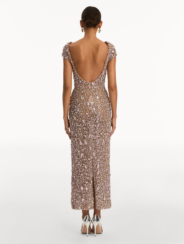 Beige Mosaic Crystal Embroidered Gown with a fitted silhouette and cap sleeves. Back View.  