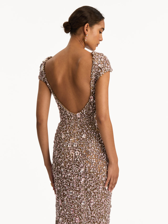 Beige Mosaic Crystal Embroidered Gown with a fitted silhouette and cap sleeves. Zoom View.  