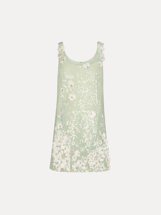 Sage Foxglove Embroidered Sequin Tulle Shift Dress with scoop neckline and floral applique. Front View.
