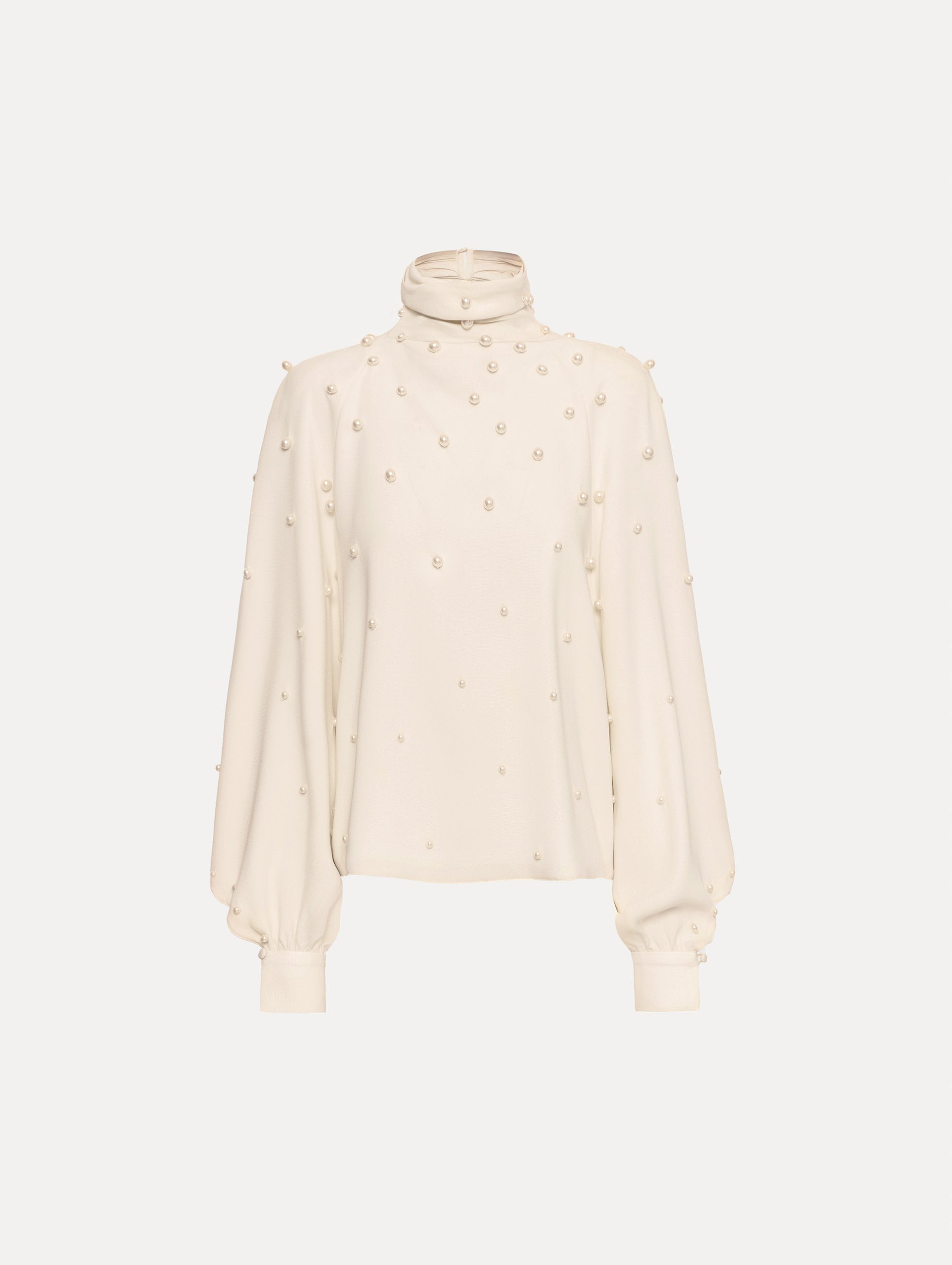Ivory Pearl Cluster Georgette Blouse with long puff sleeves, a high neck, and pearl embellishments throughout.