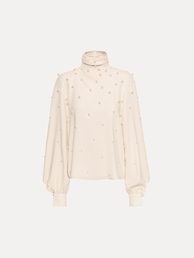 Ivory Pearl Cluster Georgette Blouse with long puff sleeves, a high neck, and pearl embellishments throughout.