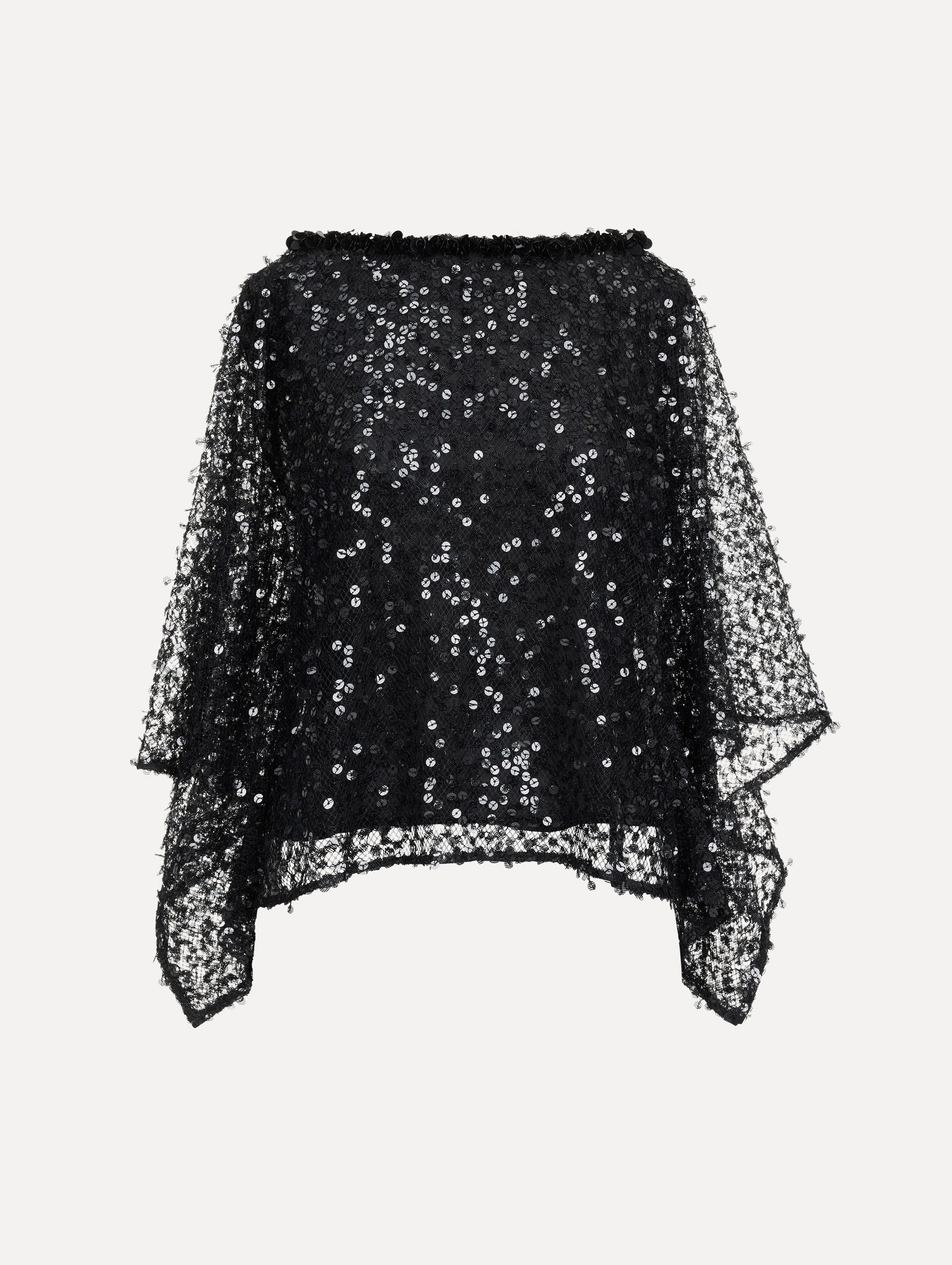 The Floating Sequin Blouse in the color Black, featuring airy mesh fabrication, sequins, and midi-length draped sleeves. Front View.