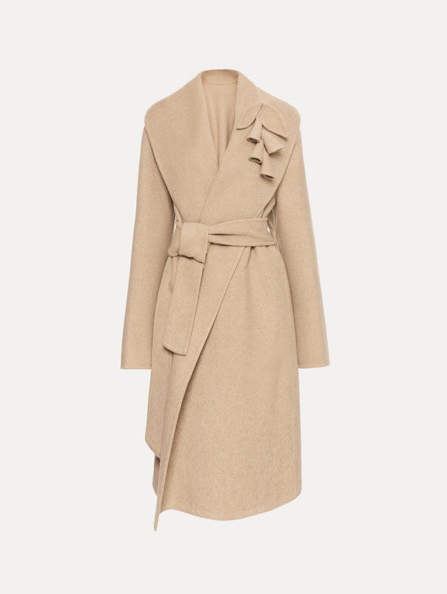 Beige Foxglove Embroidered Wool Coat with floral detail on the lapel and thick wool belt.