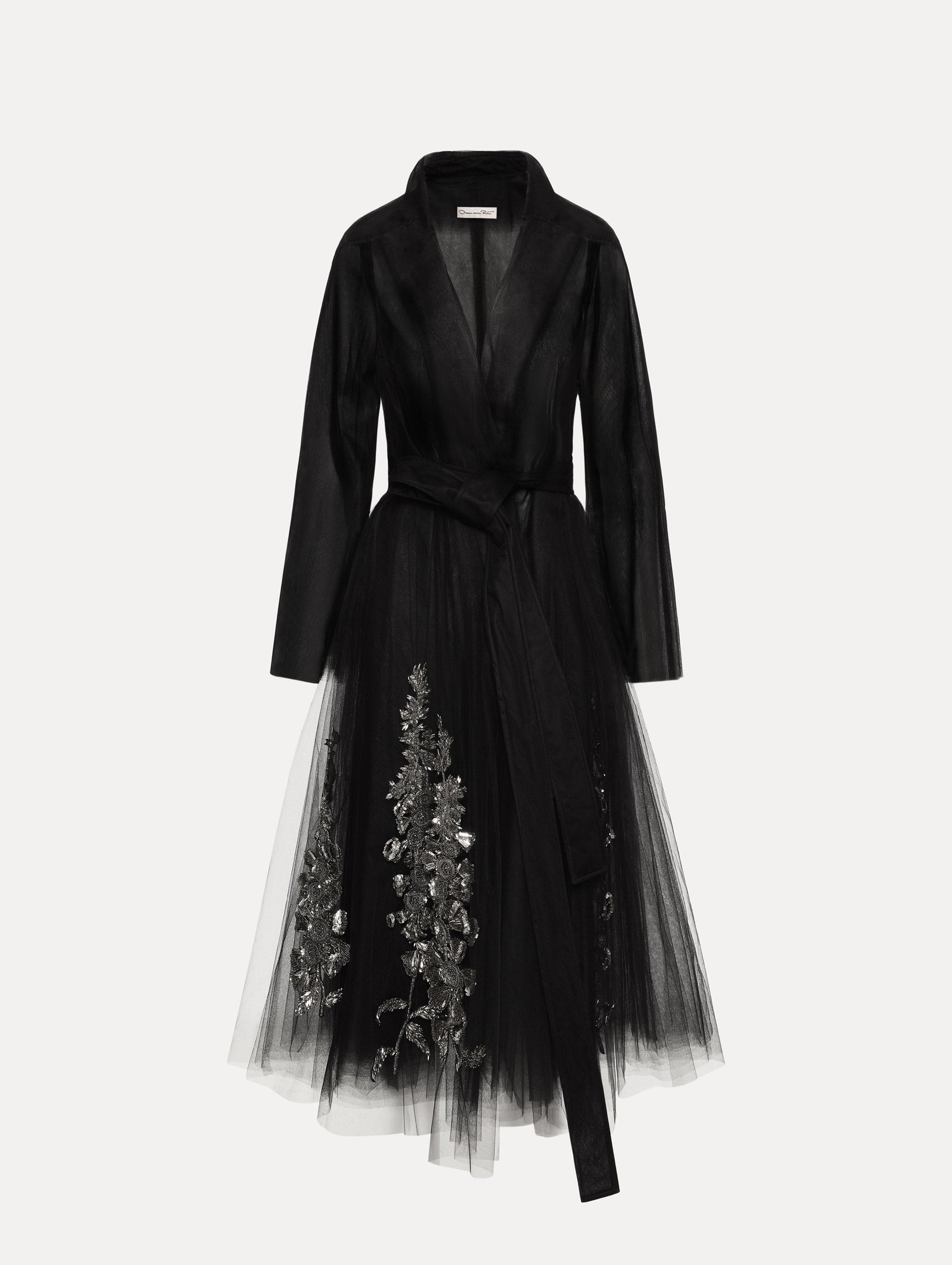 Black Foxglove Sequin Embroidered Opera Coat featuring a belted waist, wide collar, and embroidered floral detailing over a midi-length silhouette. Front View.
