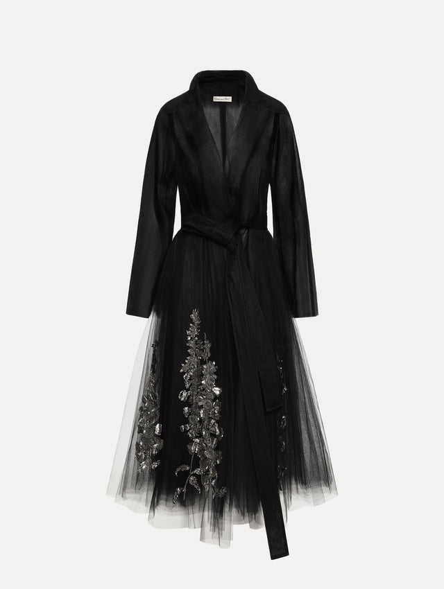 Black Foxglove Sequin Embroidered Opera Coat featuring a belted waist, wide collar, and embroidered floral detailing over a midi-length silhouette. Front View.