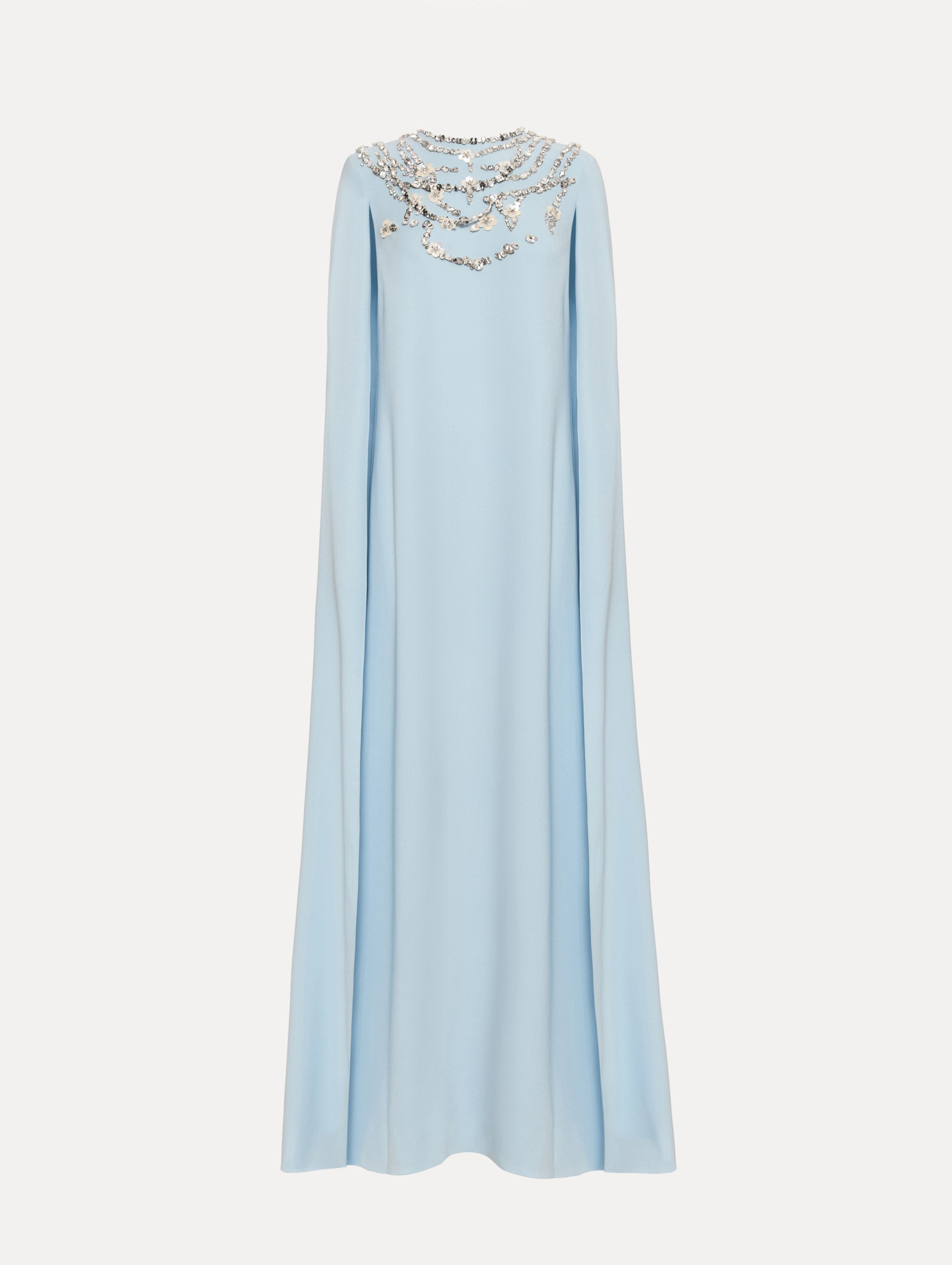 Light Blue Crystal Necklace Embroidered Caftan featuring a floor-length silhouette with draped sleeves and crystal embellishment along the neckline.