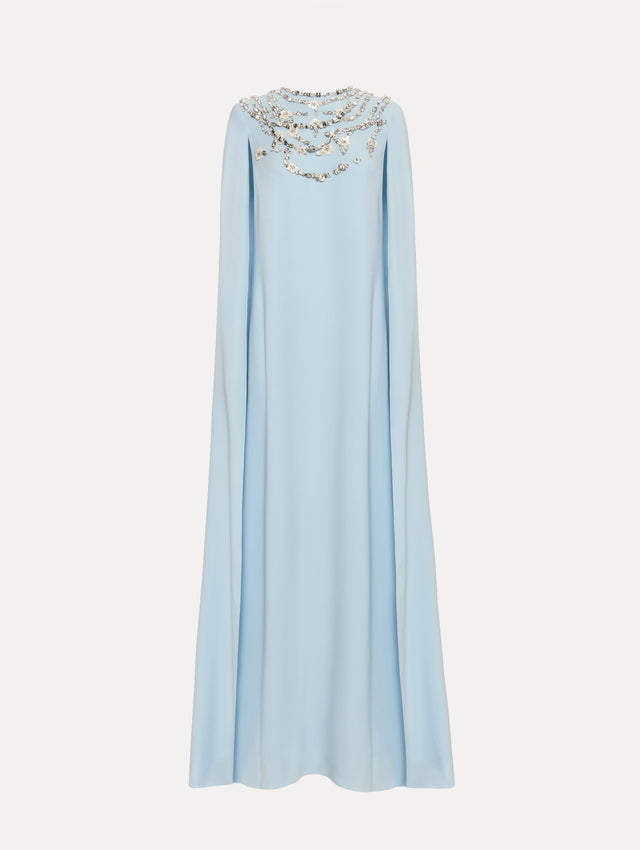 Light Blue Crystal Necklace Embroidered Caftan featuring a floor-length silhouette with draped sleeves and crystal embellishment along the neckline.