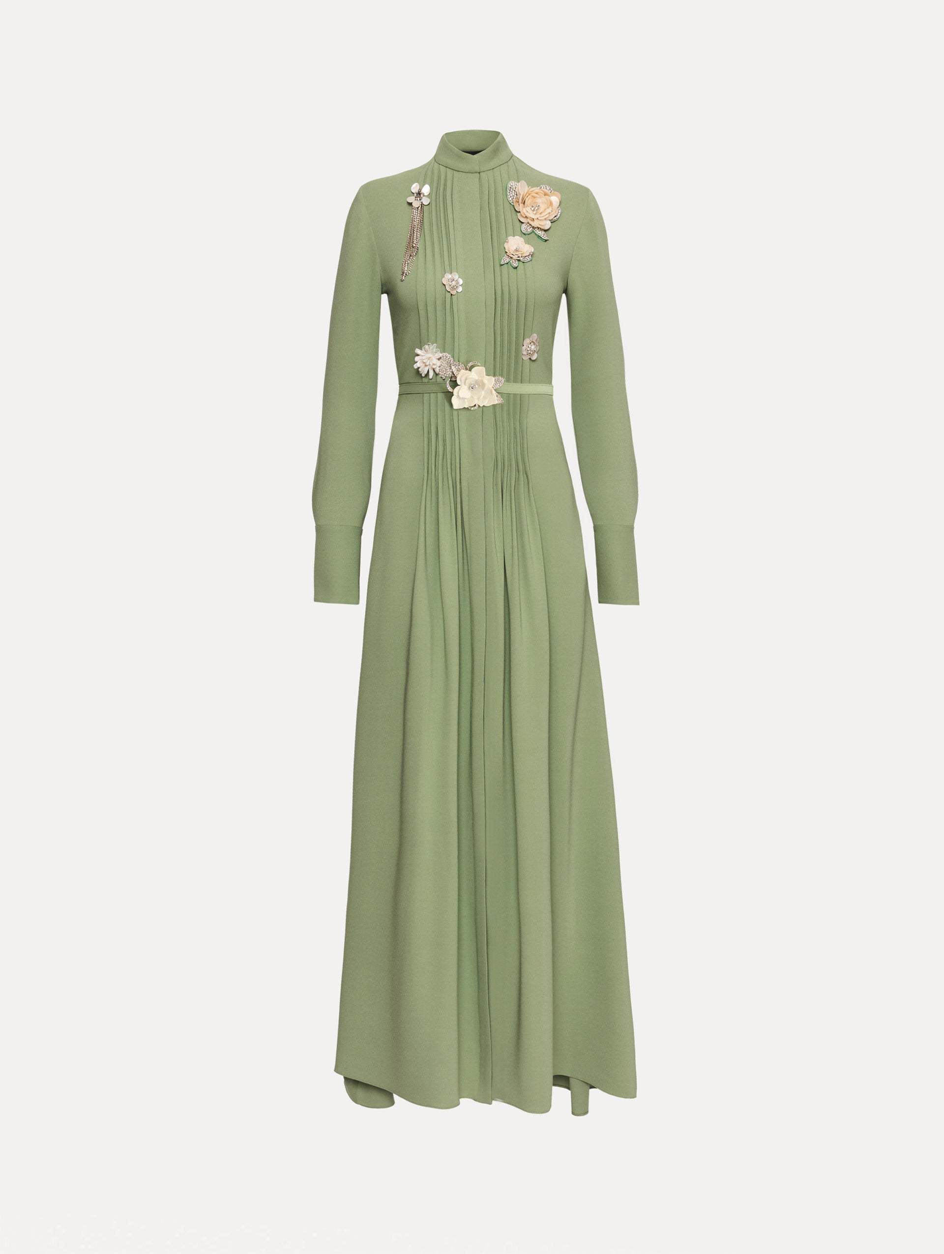 Green Brooch Embroidered Long Sleeve Caftan featuring pleated front detailing, high neckline, and floral appliqué embellishments at the bodice and waist.