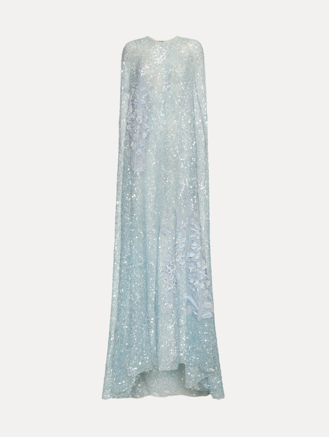 Light Blue Foxglove Embroidered Sequin Tulle Caftan with long caped sleeves and embroidered floral motifs.