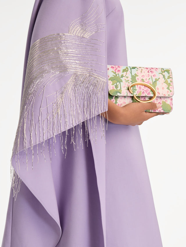 Pink, blue, and green Foxlove Printed O Pochette with gold hardware and abstract O Clasp. Front View. 