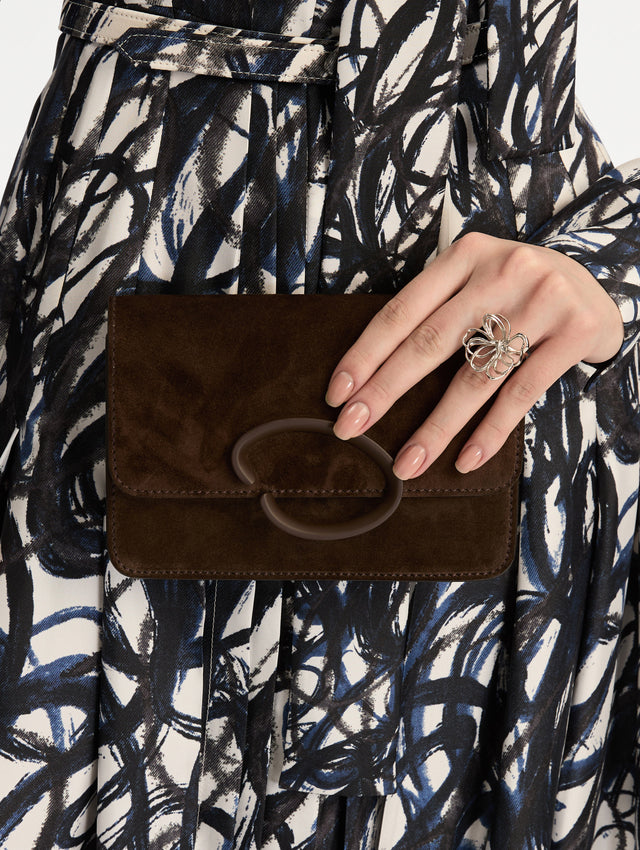 Brown O Pochette in Suede with gold strap and Brown abstract O Clasp. Front View. 