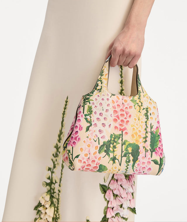 Floral Mini Topaz featuring multicolor foxglove motifs on a structured silhouette with top handles.