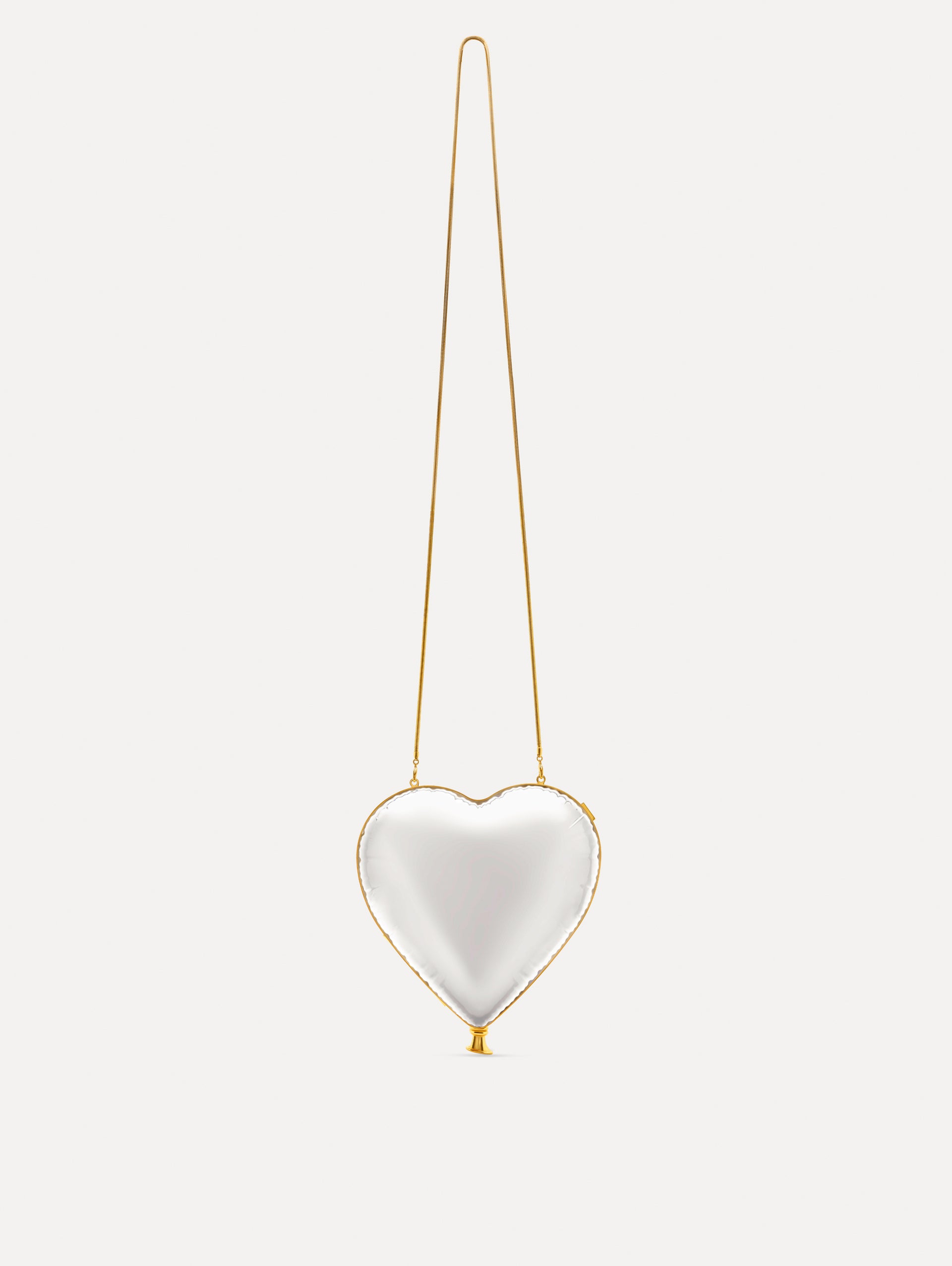Pearl Heart Ballon Bag featuring a gold chain strap and metallic trim. Front View.