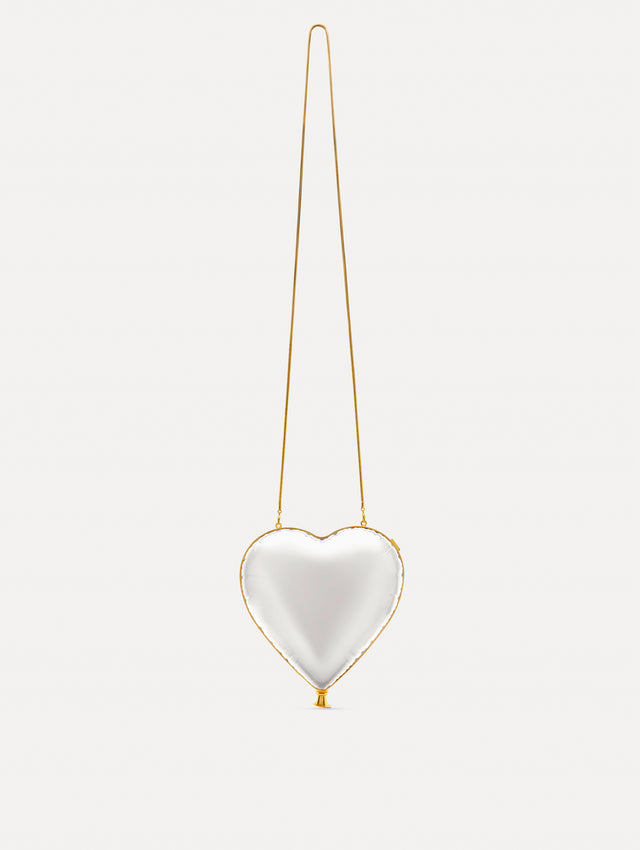 Pearl Heart Ballon Bag featuring a gold chain strap and metallic trim. Front View.