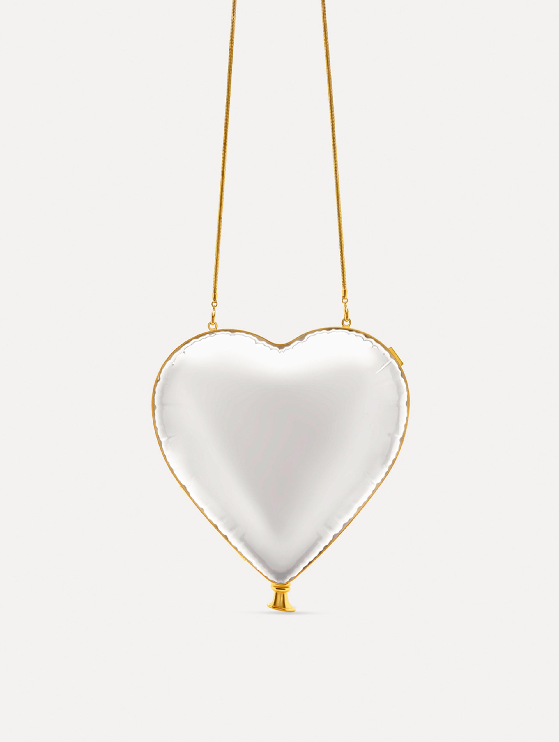 Pearl Heart Ballon Bag featuring a gold chain strap and metallic trim. Zoom View.