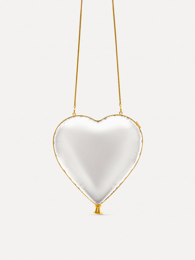 Pearl Heart Ballon Bag featuring a gold chain strap and metallic trim. Zoom View.