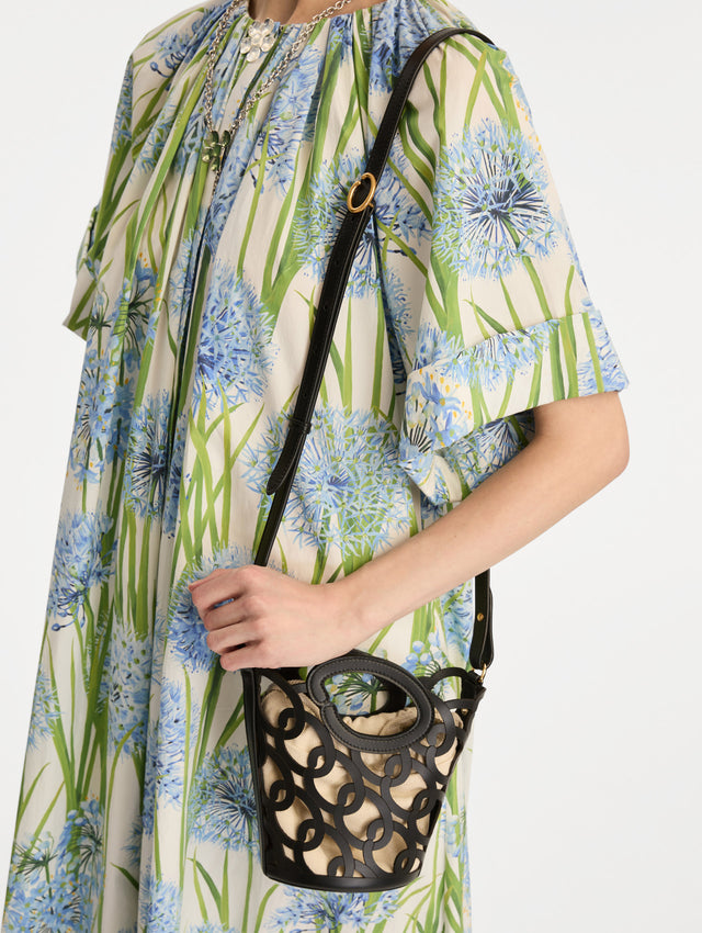 Black Oscar Chain-Link Leather Mini Tote with gold hardware and canvas lining. Front View.