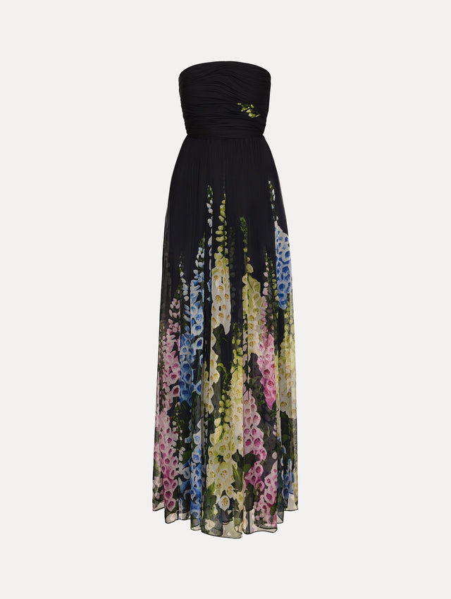 Black and Floral Degradé Foxglove Chiffon Gown with printed floral pattern and a strapless neckline.