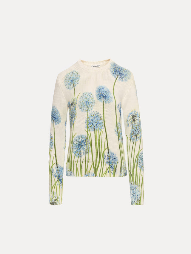 Ivory Allium Printed Pullover with crew neck silhouette and blue and green floral motifs.