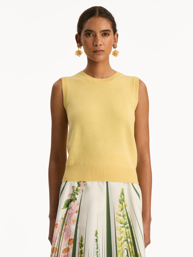 Yellow Virgin Wool Tank with ribbed hem. Front View.