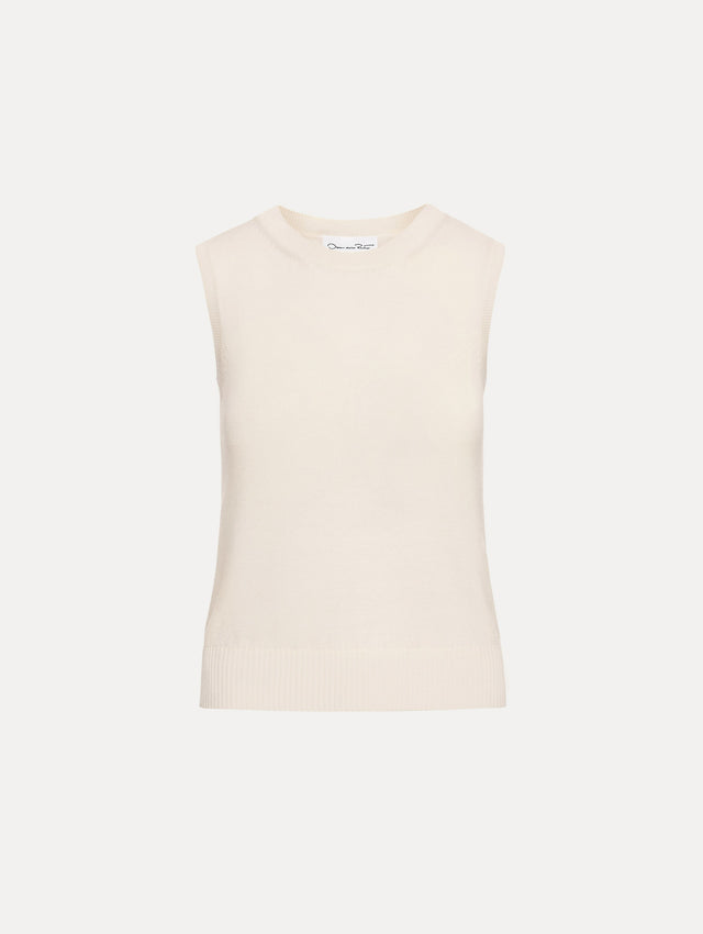 Ivory Virgin Wool Tank featuring a crew neckline and ribbed hem.