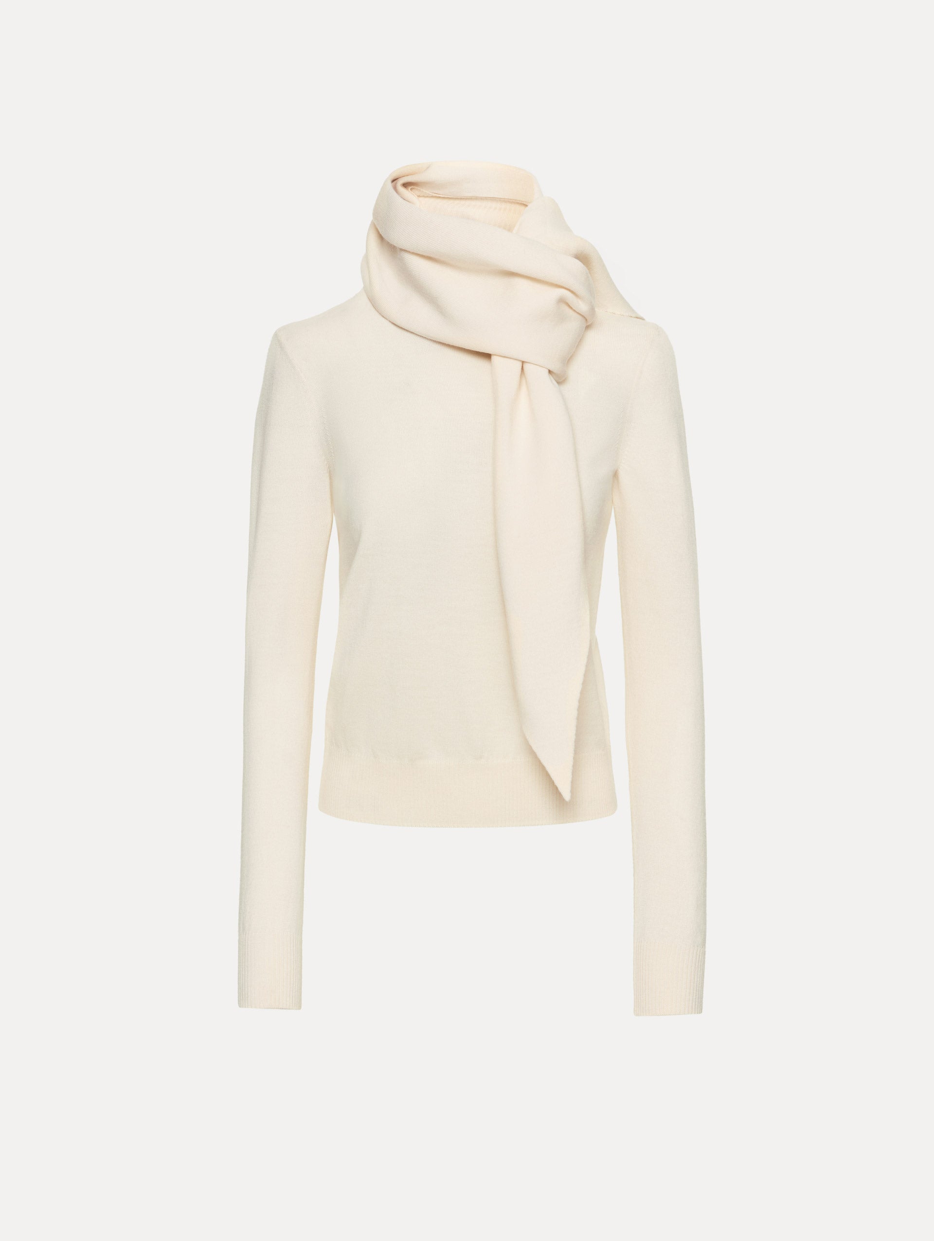 Ivory Virgin Wool Pullover with Scarf featuring a draped attached scarf neckline and long sleeves.