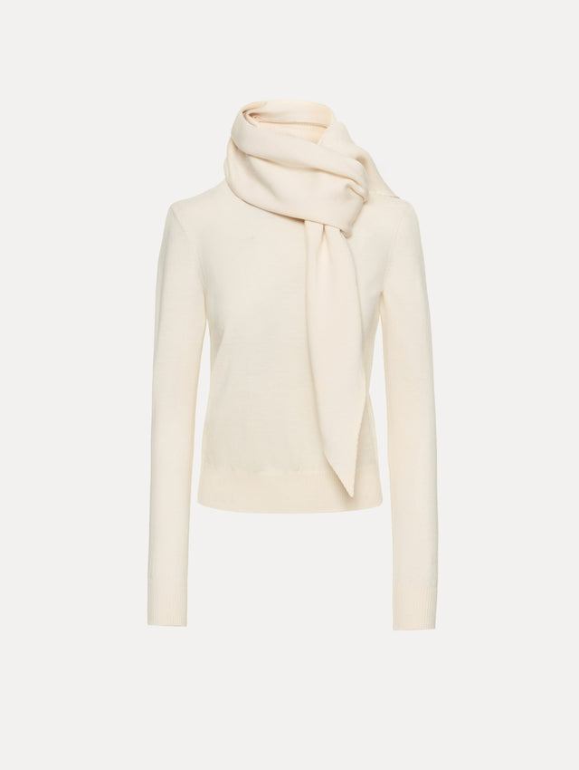 Ivory Virgin Wool Pullover with Scarf featuring a draped attached scarf neckline and long sleeves.