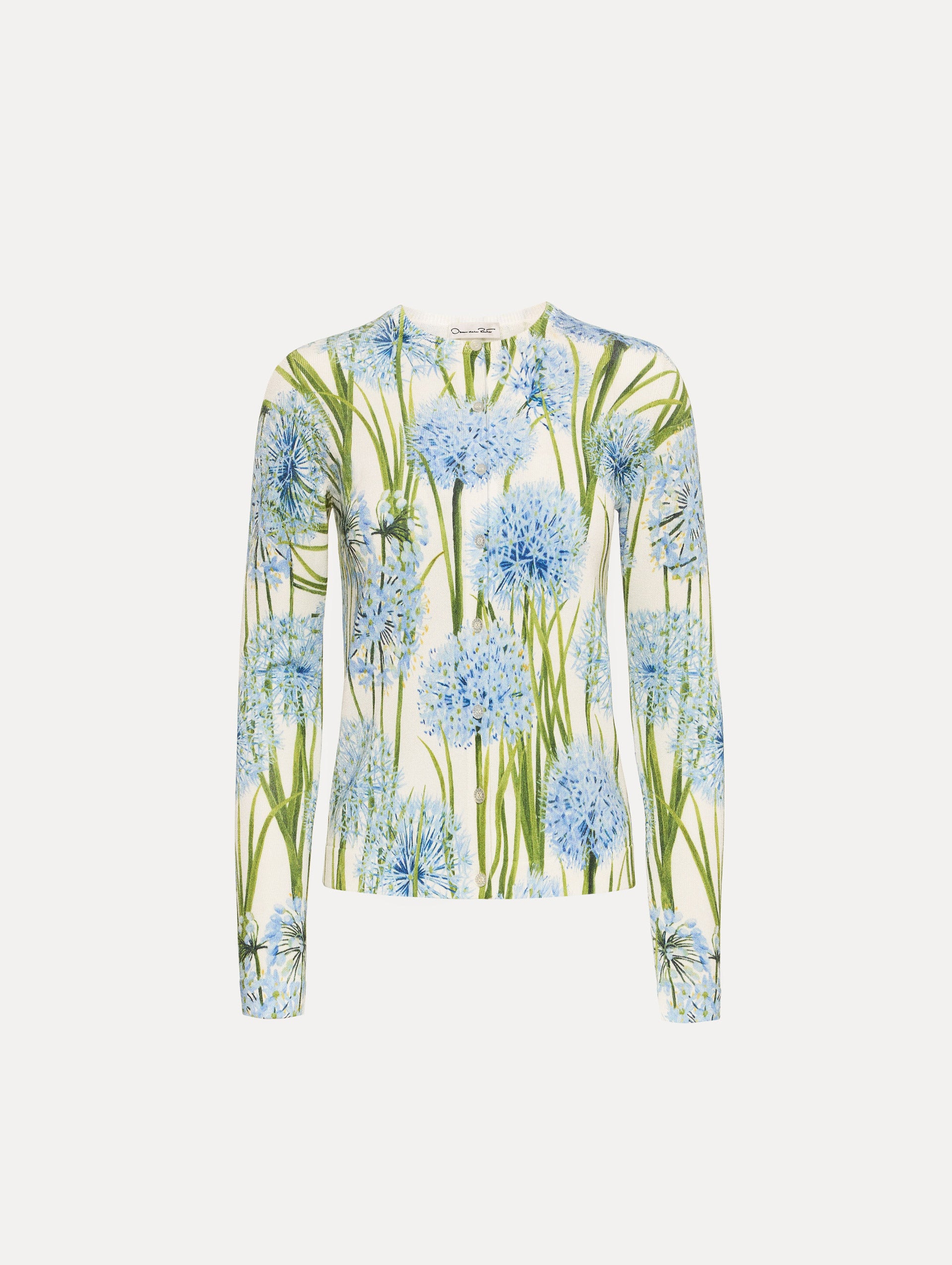 Ivory Allium Printed Cardigan with blue and green floral motifs.