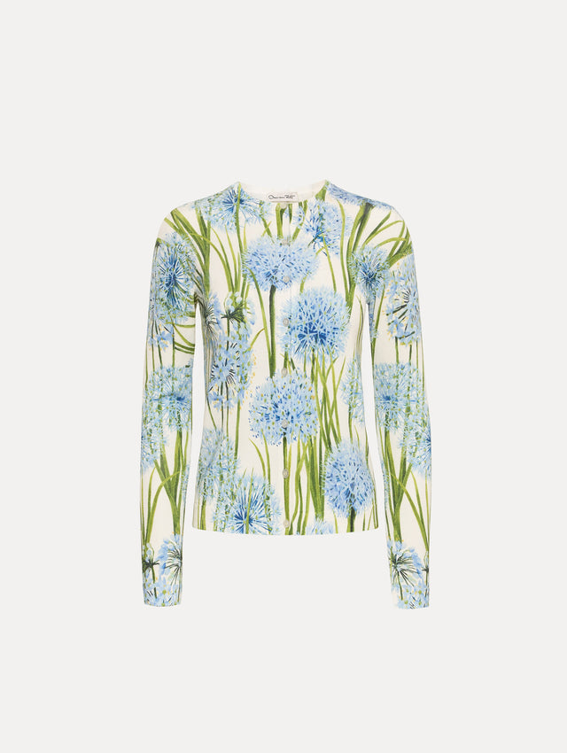 Ivory Allium Printed Cardigan with blue and green floral motifs.