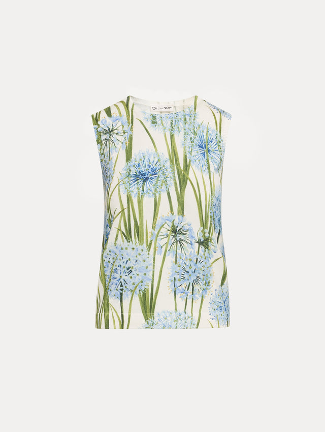 Ivory Allium Printed Tank with knit texture and blue and green floral motifs. 