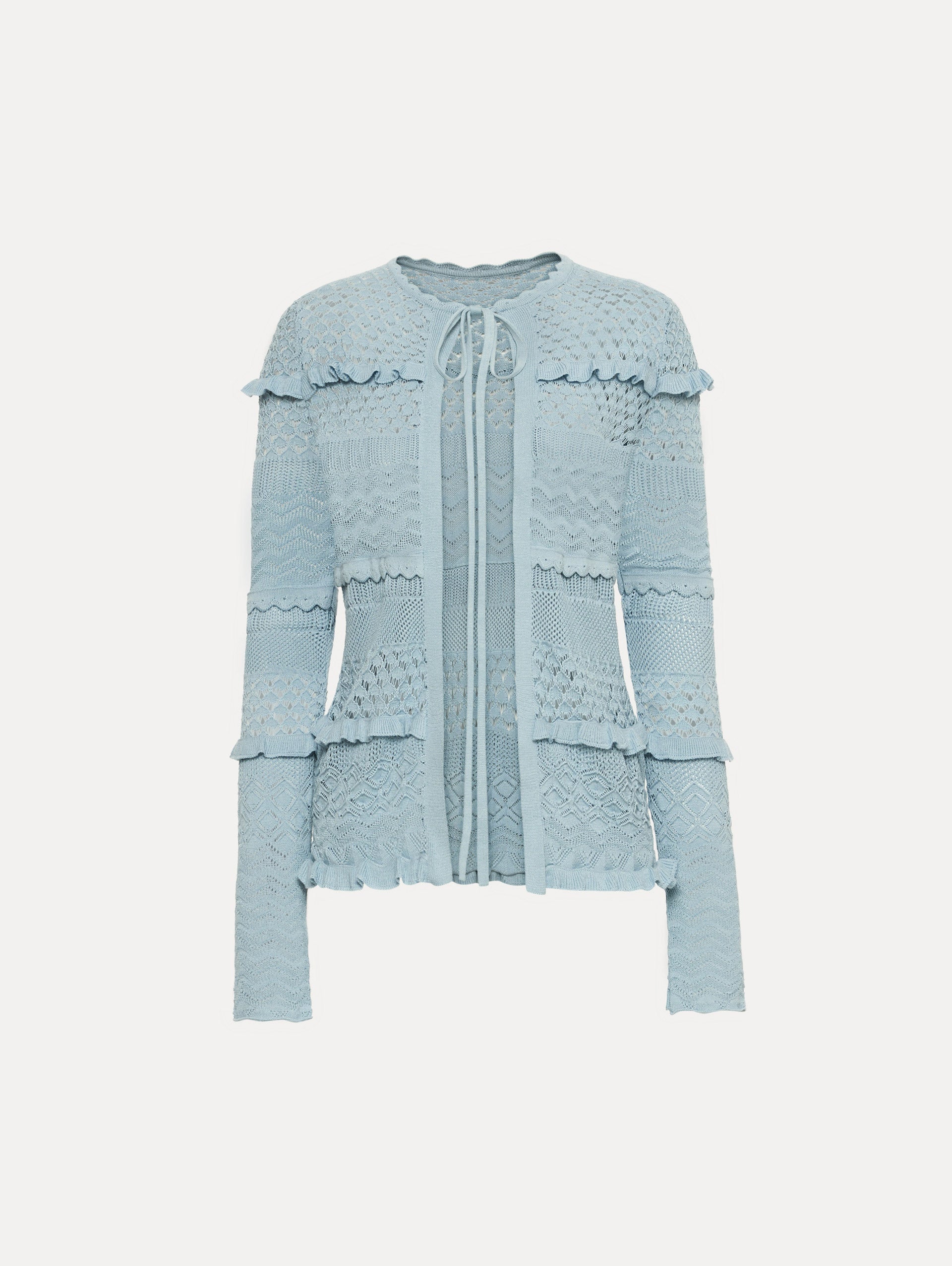 Light Blue Scallop Trim Cardigan with tie closure and textured knit patterning. 