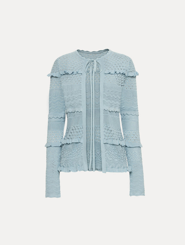 Light Blue Scallop Trim Cardigan with tie closure and textured knit patterning. 