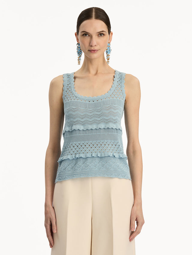 Light Blue Scallop Trim Tank featuring a scoop neckline and textured knit patterning. Front View.