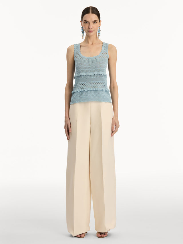 Light Blue Scallop Trim Tank featuring a scoop neckline and textured knit patterning. Front View.
