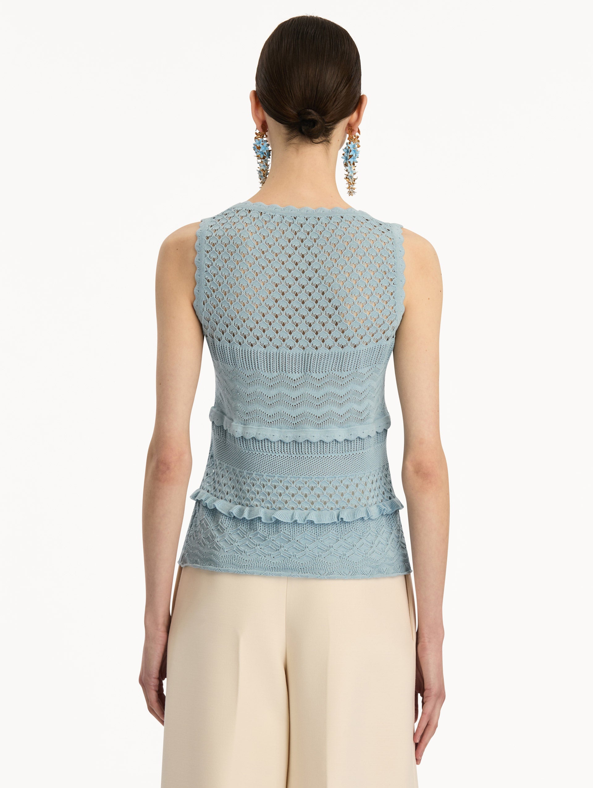 Light Blue Scallop Trim Tank featuring a scoop neckline and textured knit patterning. Back View.