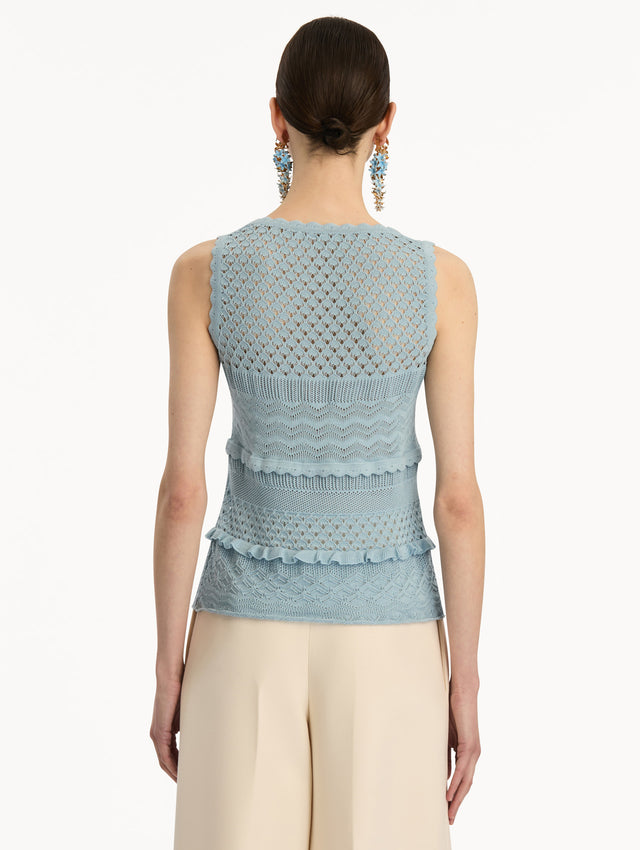 Light Blue Scallop Trim Tank featuring a scoop neckline and textured knit patterning. Back View.