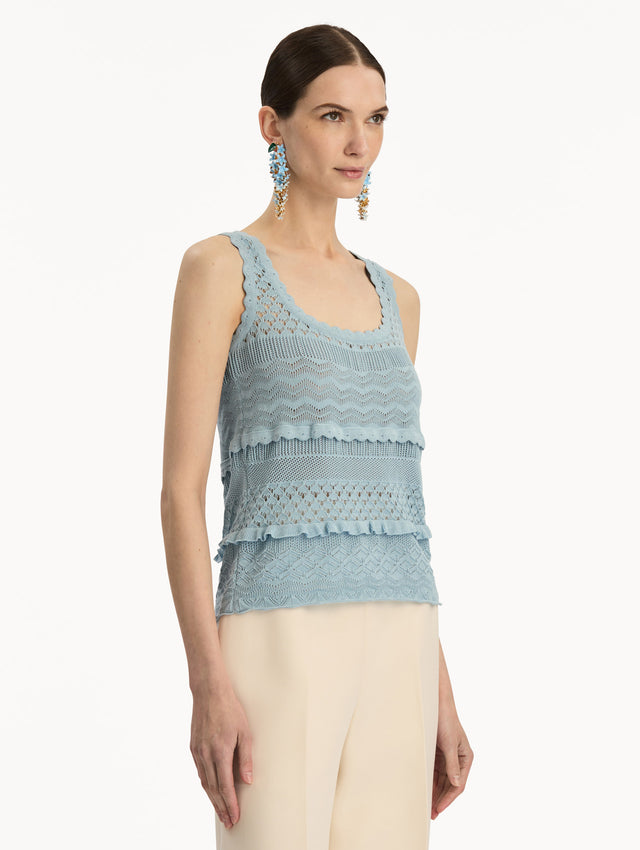 Light Blue Scallop Trim Tank featuring a scoop neckline and textured knit patterning. Side View.