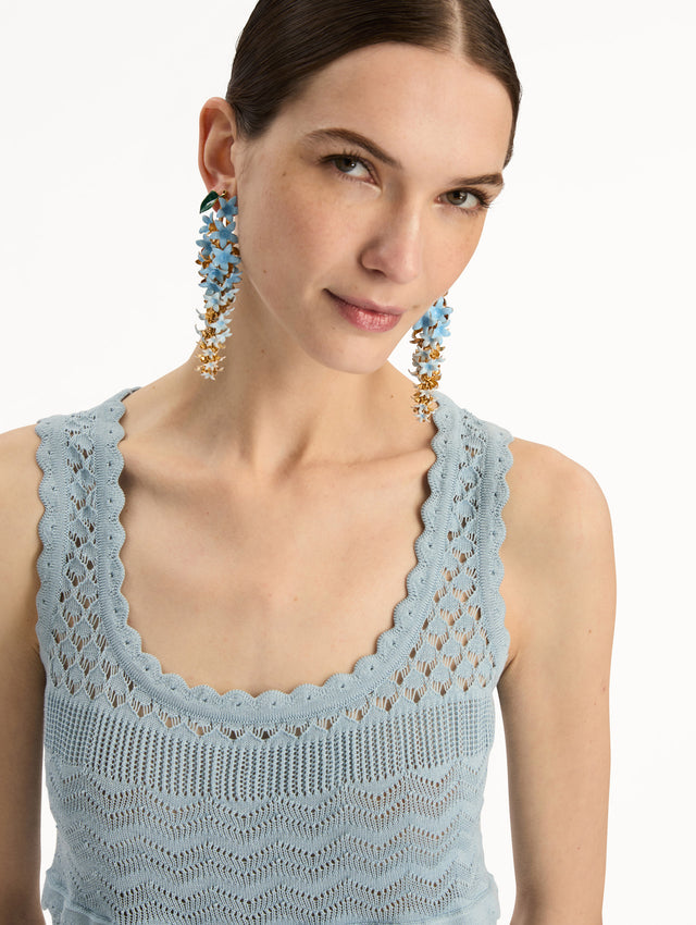 Light Blue Scallop Trim Tank featuring a scoop neckline and textured knit patterning. Zoom View.