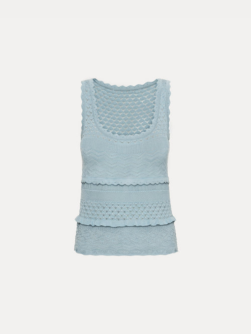 Light Blue Scallop Trim Tank featuring a scoop neckline and textured knit patterning.