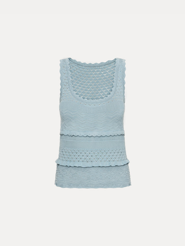 Light Blue Scallop Trim Tank featuring a scoop neckline and textured knit patterning.