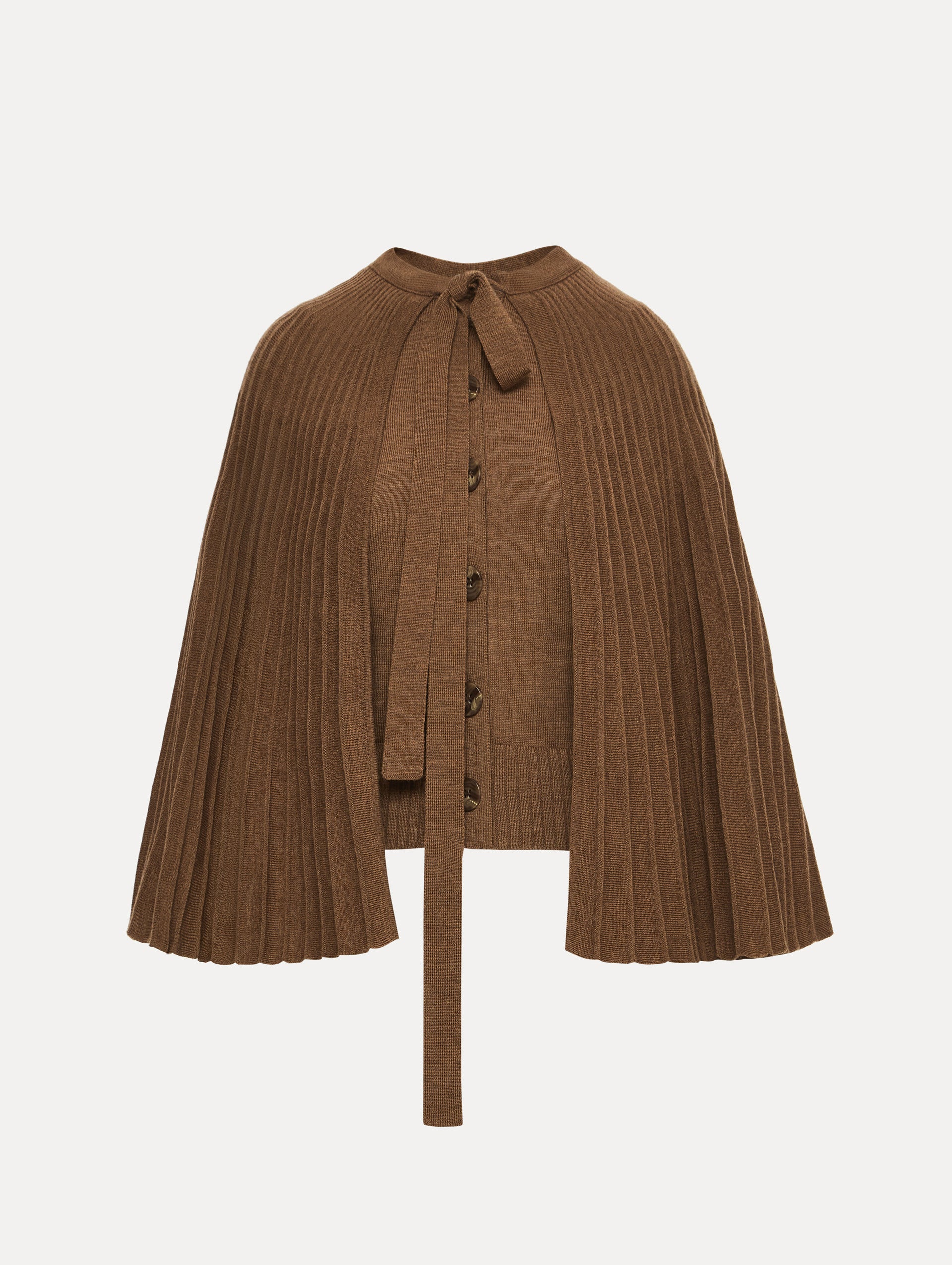 Brown Knit Capelet featuring a tie-neck closure, button front, and cropped silhouette.