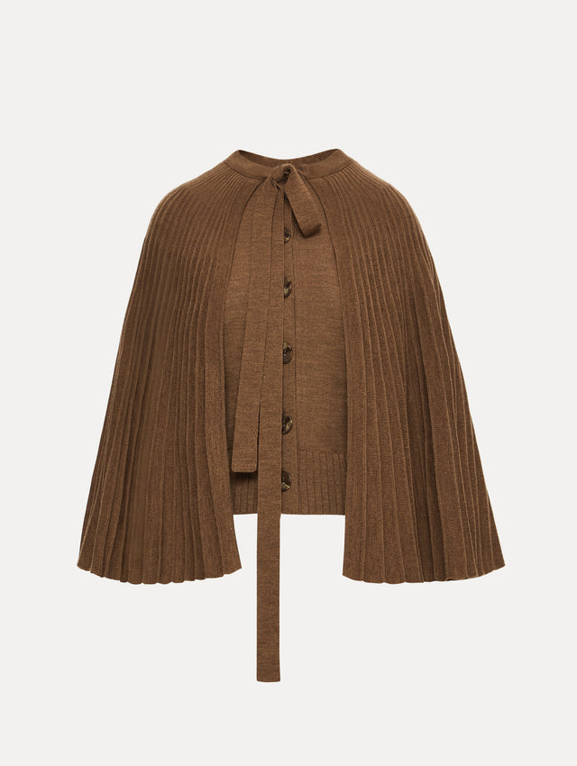 Brown Knit Capelet featuring a tie-neck closure, button front, and cropped silhouette.