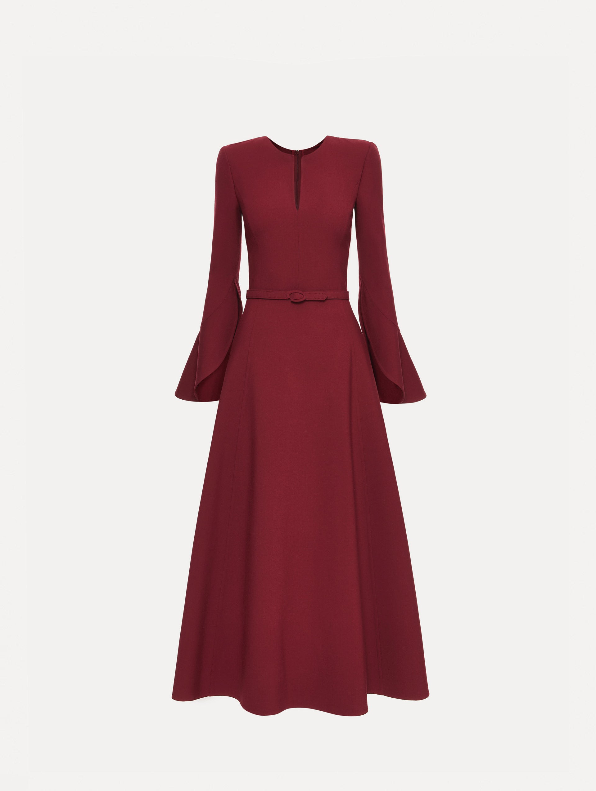 Wine colored Split Neck Wool Dress with belted waist and flowing bell sleeves. 