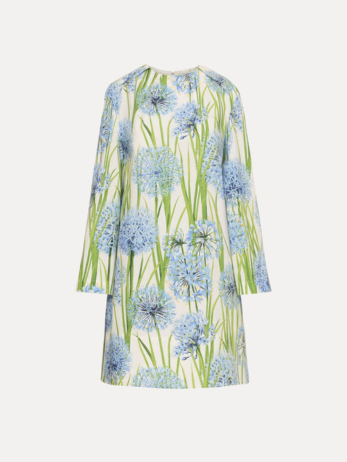 White Allium Cotton Poplin Long Sleeve Shift Dress with blue and green floral motifs.