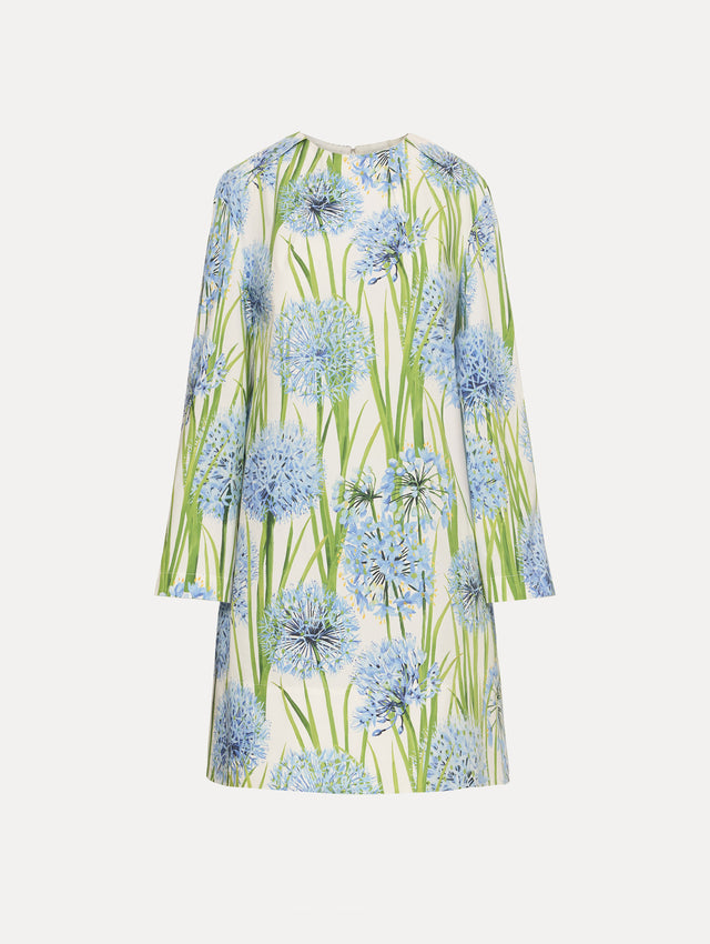 White Allium Cotton Poplin Long Sleeve Shift Dress with blue and green floral motifs.