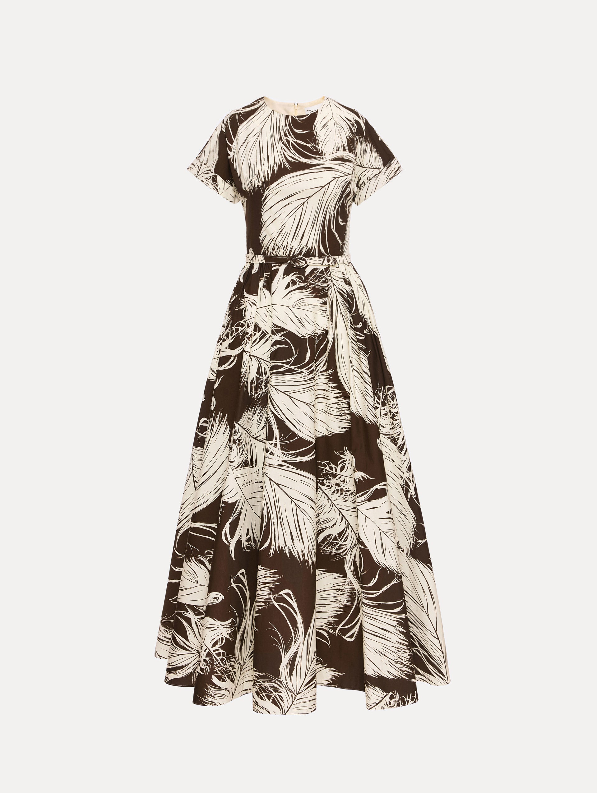 Ivory and Brown Feather Cotton Poplin Dress with short sleeves, fitted waist, and full skirt, featuring bold feather print throughout.
